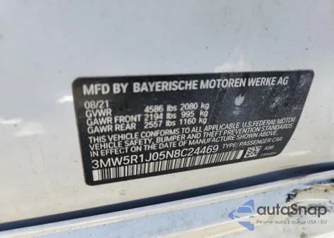 2022 BMW 330I z USA, uszkodzony, nr VIN 3MW5R1J05N8C24469